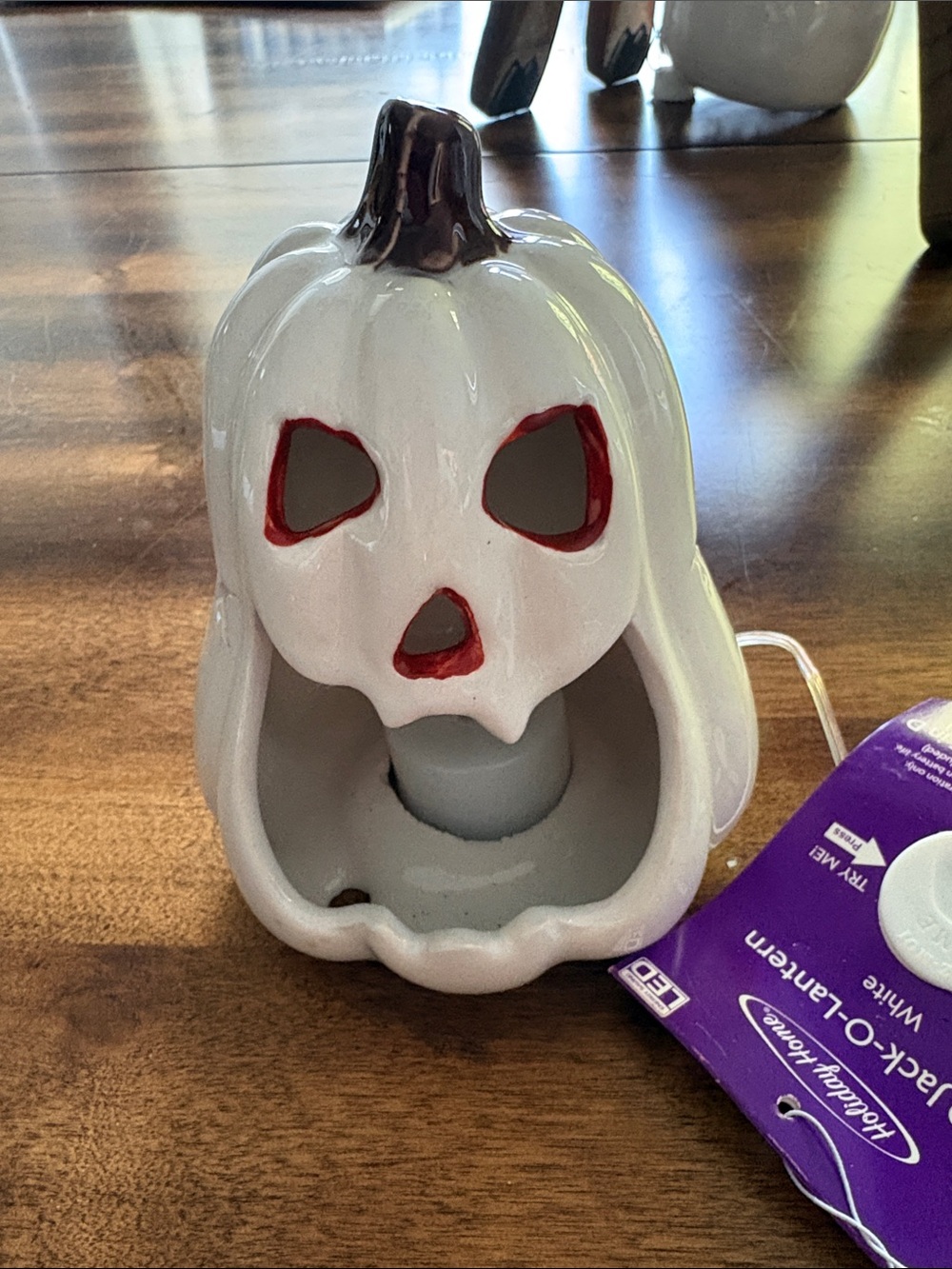 White Ceramic Pumpkin Jack-O'-Lantern Accent LED Lamp
